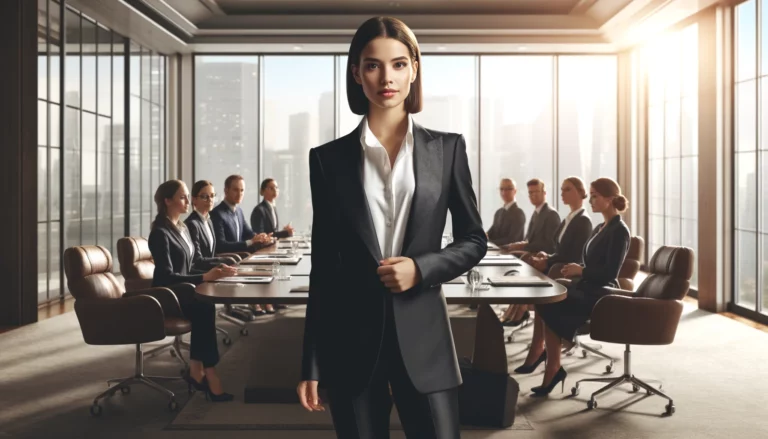 Ilustração de uma mulher em posição de liderança em um conselho empresarial.