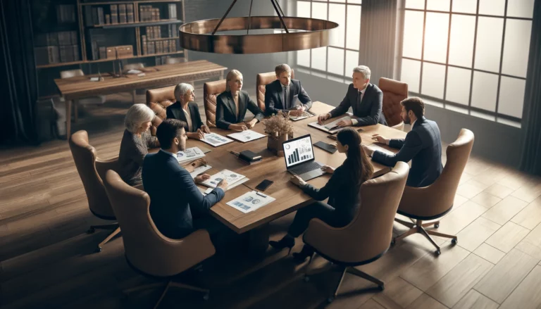 Imagem ilustrativa de uma reunião de família empresária discutindo papéis de sócio e administrador, com destaque para documentos e gráficos em uma mesa, inclui sócio e administrado.
