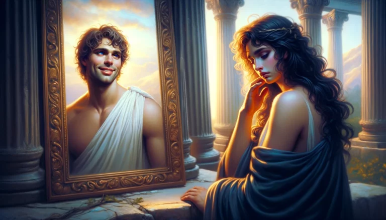 Imagem simboliza o amor narcisista, mostrando Narcíso olhando feliz para sua infeliz parceira.