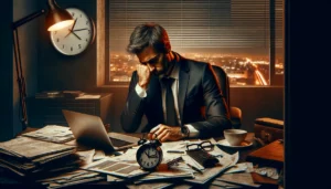A imagem ilustra o burnout de um empresário, mostrando-o esgotado e sobrecarregado em seu escritório à noite.