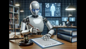 Desafios da Inteligência Artificial: uma imagem Imagem de um robô segurando uma caneta, simbolizando a IA como criadora, ao lado de documentos legais representando a propriedade intelectual.