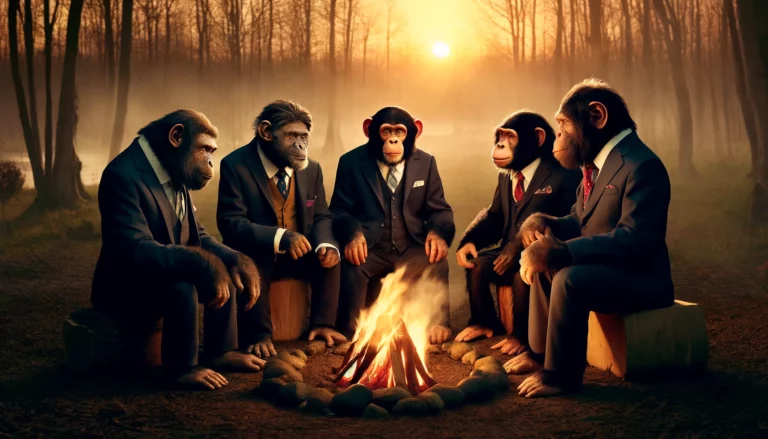 Um grupo de primatas vestidos de terno e gravata sentados ao redor de uma fogueira. Eles parecem estar em uma reunião de negócios, apesar do cenário natural ao redor.