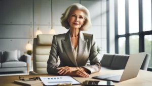 Imagem de uma mulher madura em um ambiente de escritório, exibindo confiança e autoridade, simbolizando uma matriarca de empresa familiar.