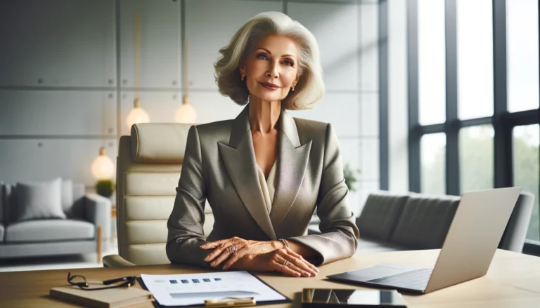 Imagem de uma mulher madura em um ambiente de escritório, exibindo confiança e autoridade, simbolizando uma matriarca de empresa familiar.