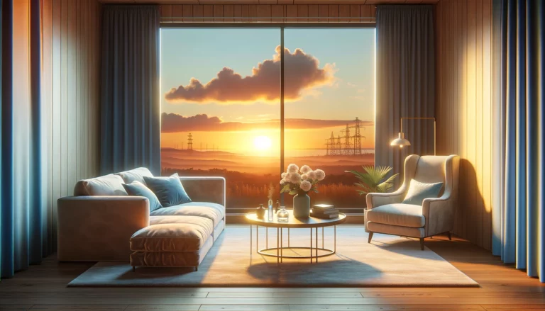 A imagem mostra uma sala de terapia acolhedora com uma vista para o pôr do sol e uma indústria ao fundo.